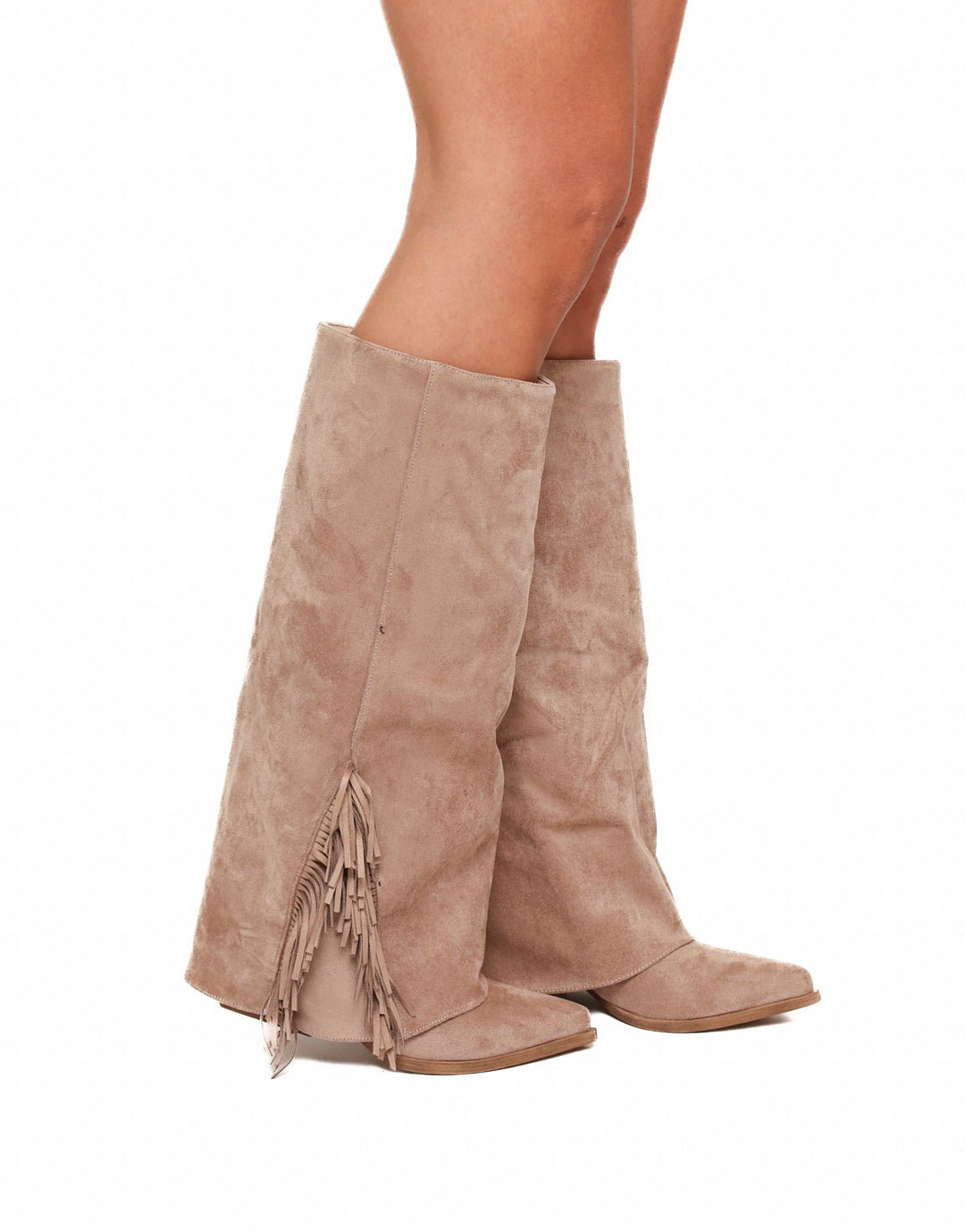 Beige Suede Overlap Detail - Boots