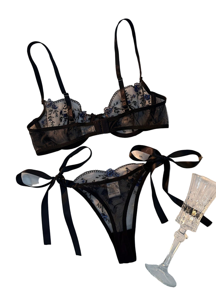 Vynara - Black Embroidered Mesh Lingerie Set