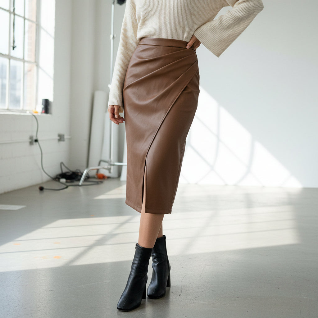 Edge Pleated Vegan Leather Skirt