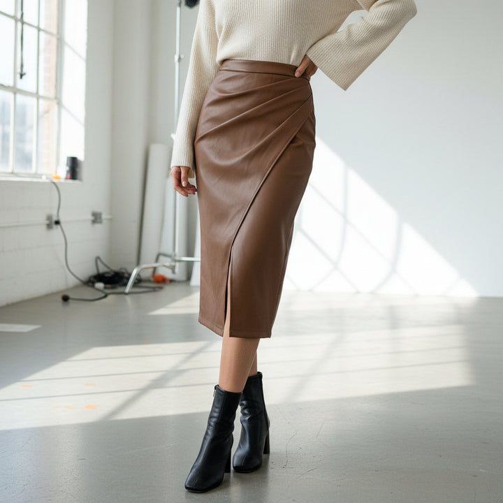 Edge Pleated Vegan Leather Skirt