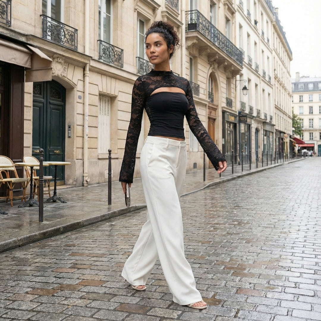Long Sleeve Lace Top - black