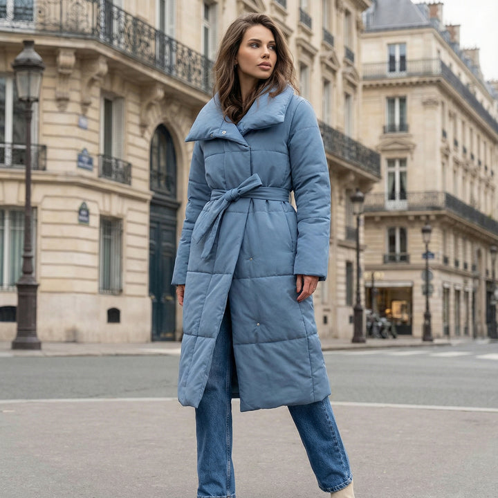 Long Puffer Coat with Tie Waist