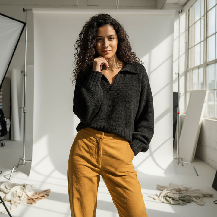 Lapel Structured Rib Knit Sweater