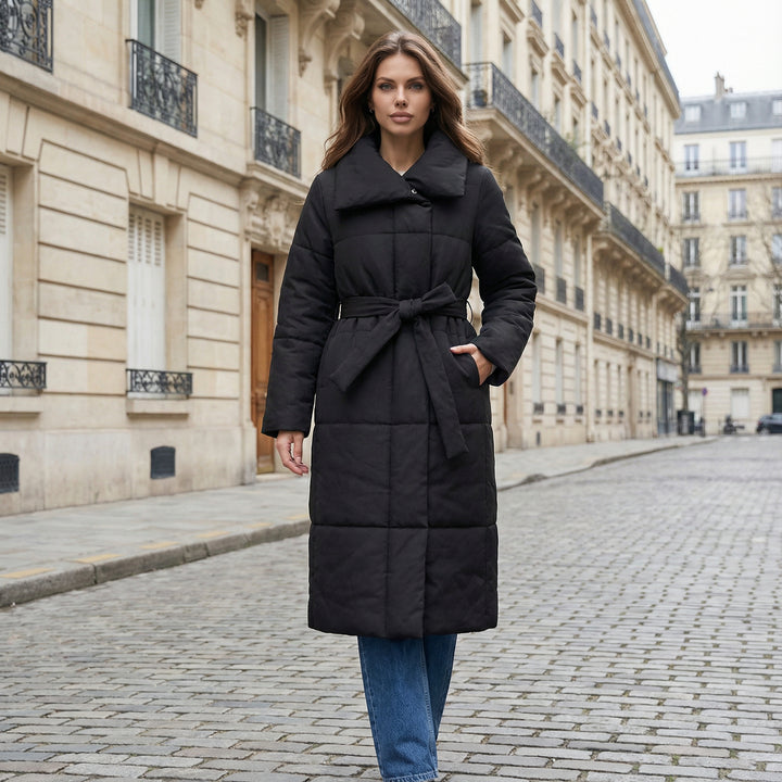 Long Puffer Coat with Tie Waist