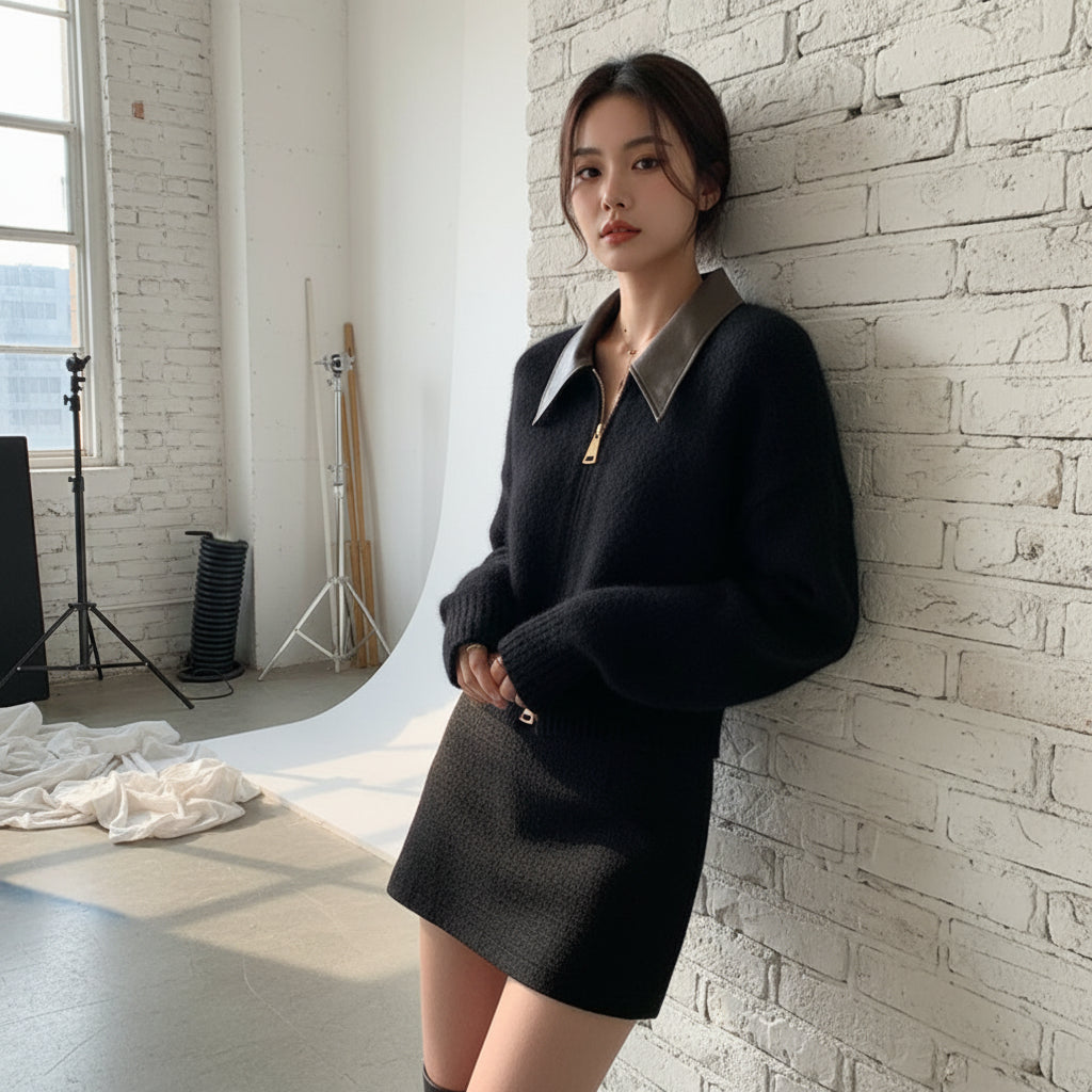 Faux Leather Collar Zip Cardigan