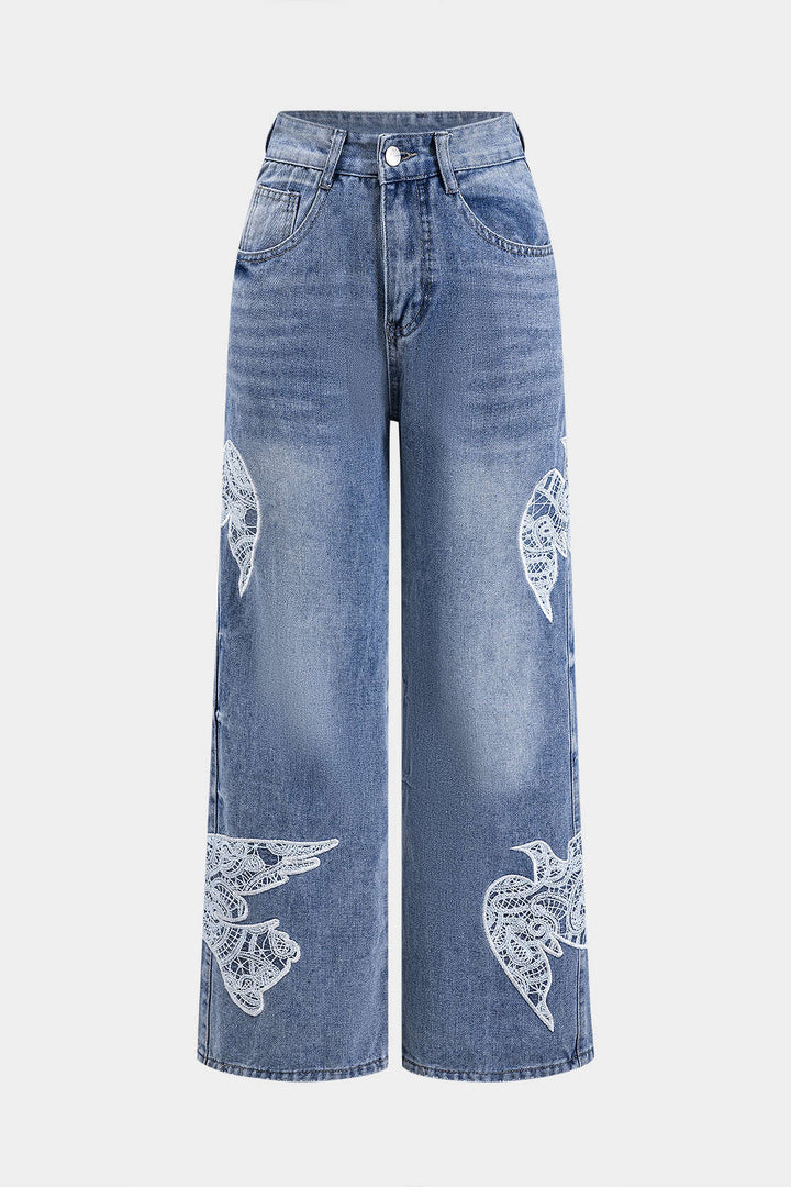 Elysia Lace-Embroidered Wide-Leg Jeans