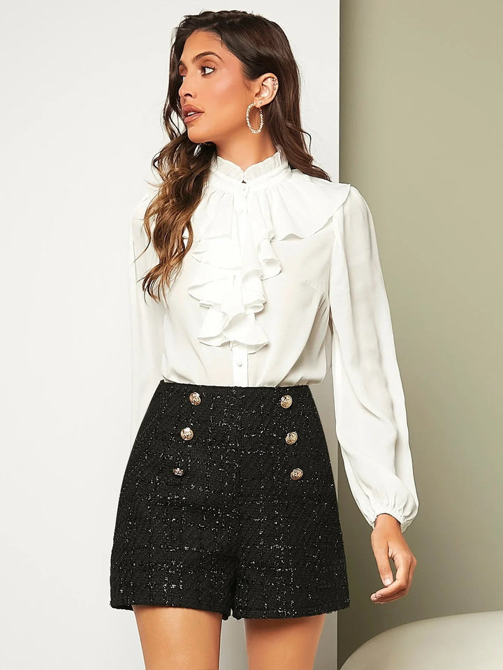 High Waist Tweed Shorts With Double Button Front Elegant