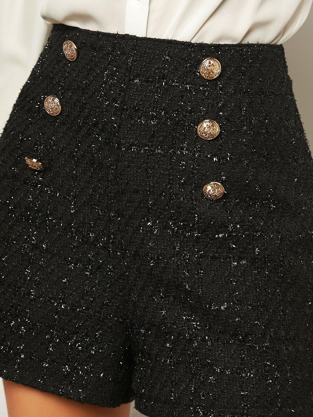 High Waist Tweed Shorts With Double Button Front Elegant