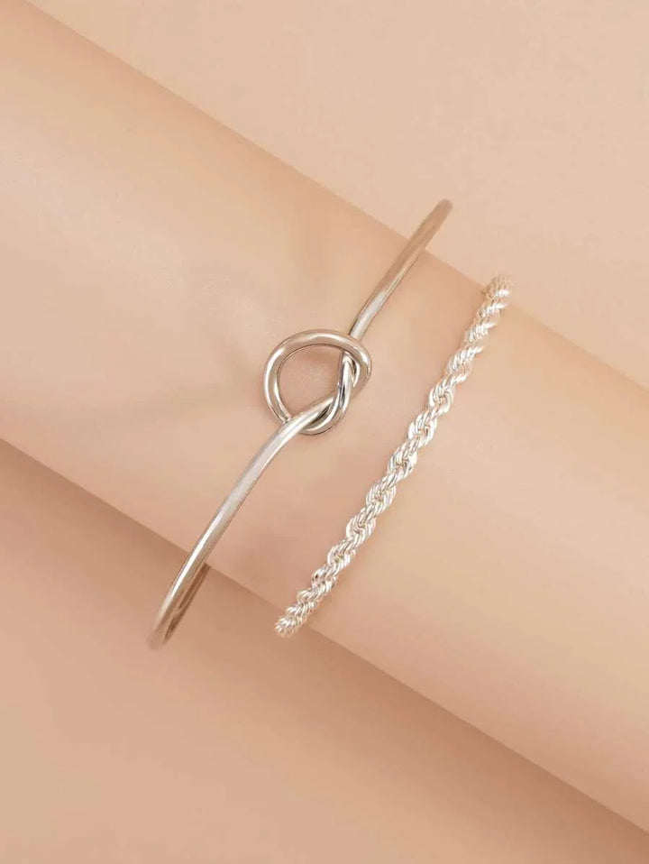 Knot Detail Twist Bracelet Set Silver Tone Daily Wear