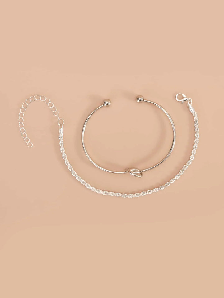 Knot Detail Twist Bracelet Set Silver Tone Daily Wear