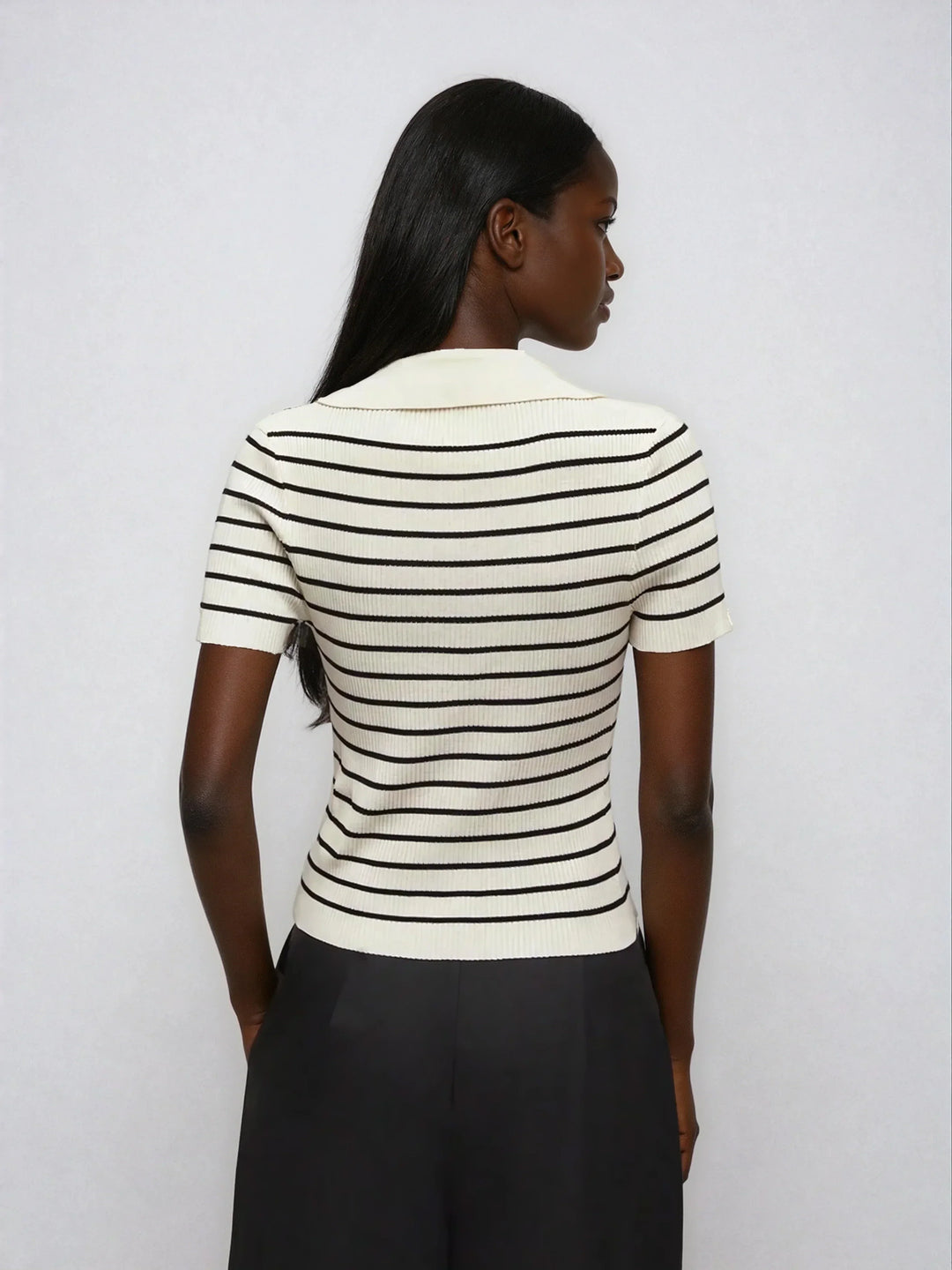 Lined Cashmere Blend Knit Sweater Turndown Collar Stripe