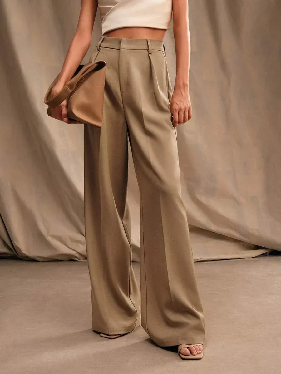 High Waist Wide Leg Trousers With Pleats And Zipper