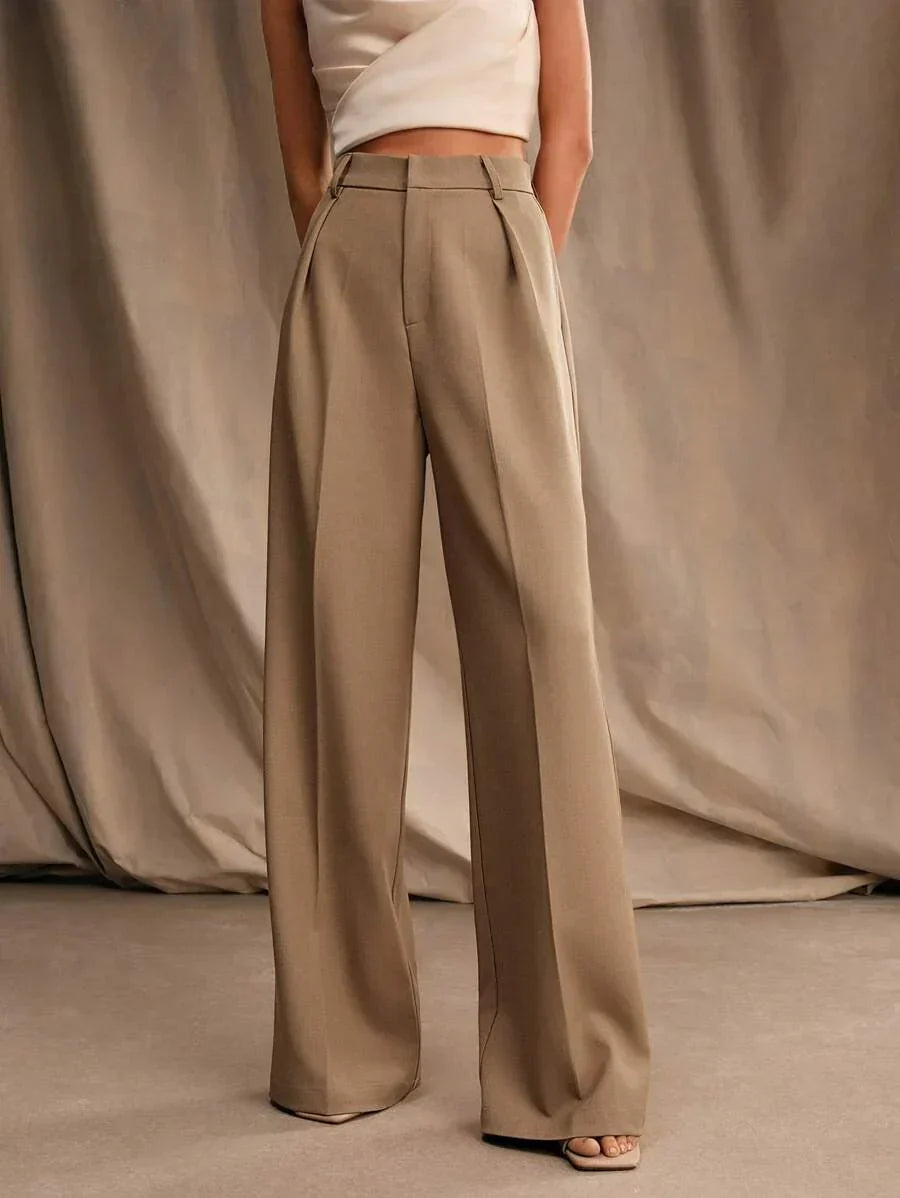 High Waist Wide Leg Trousers With Pleats And Zipper
