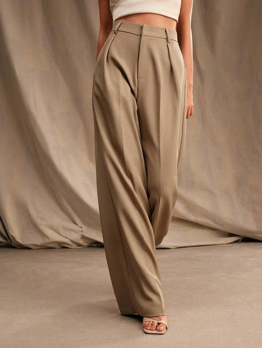 High Waist Wide Leg Trousers With Pleats And Zipper