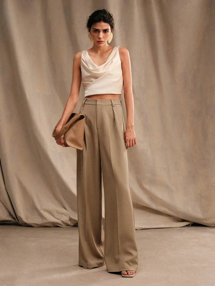 High Waist Wide Leg Trousers With Pleats And Zipper