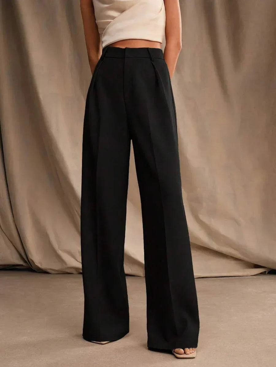 High Waist Wide Leg Trousers With Pleats And Zipper