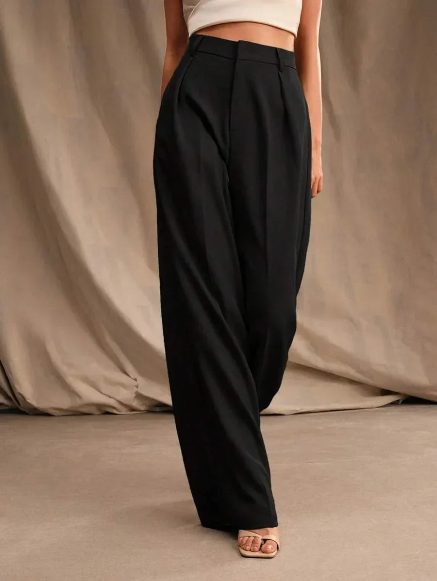 High Waist Wide Leg Trousers With Pleats And Zipper