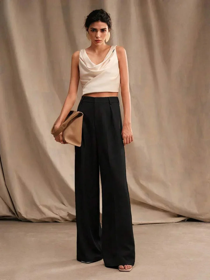 High Waist Wide Leg Trousers With Pleats And Zipper