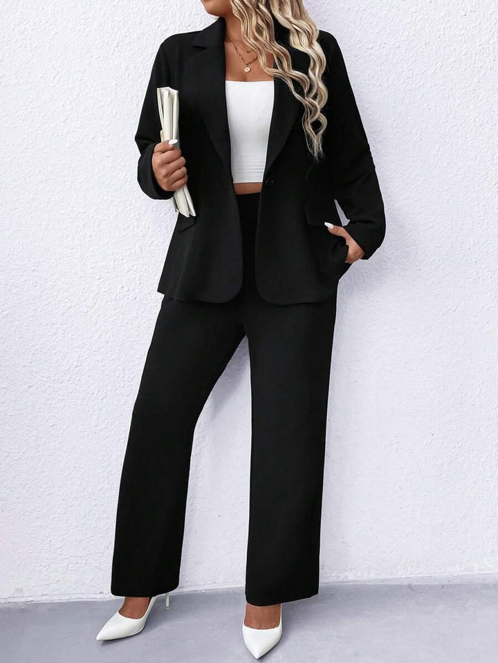 Plus Size Notched Collar Blazer Navy Workwear Casual