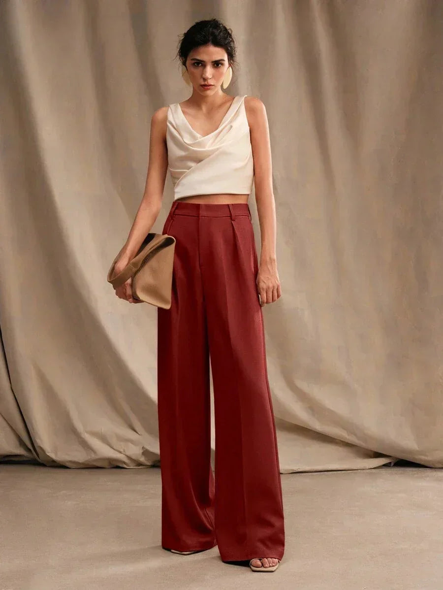 High Waist Wide Leg Trousers With Pleats And Zipper