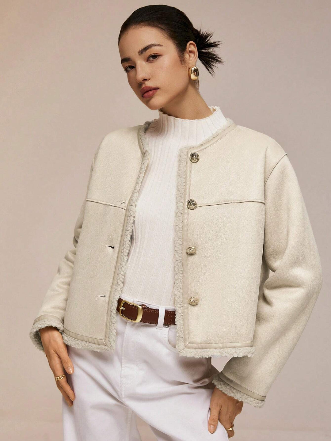 Ivory Alta Button-Trim Fleece Jacket