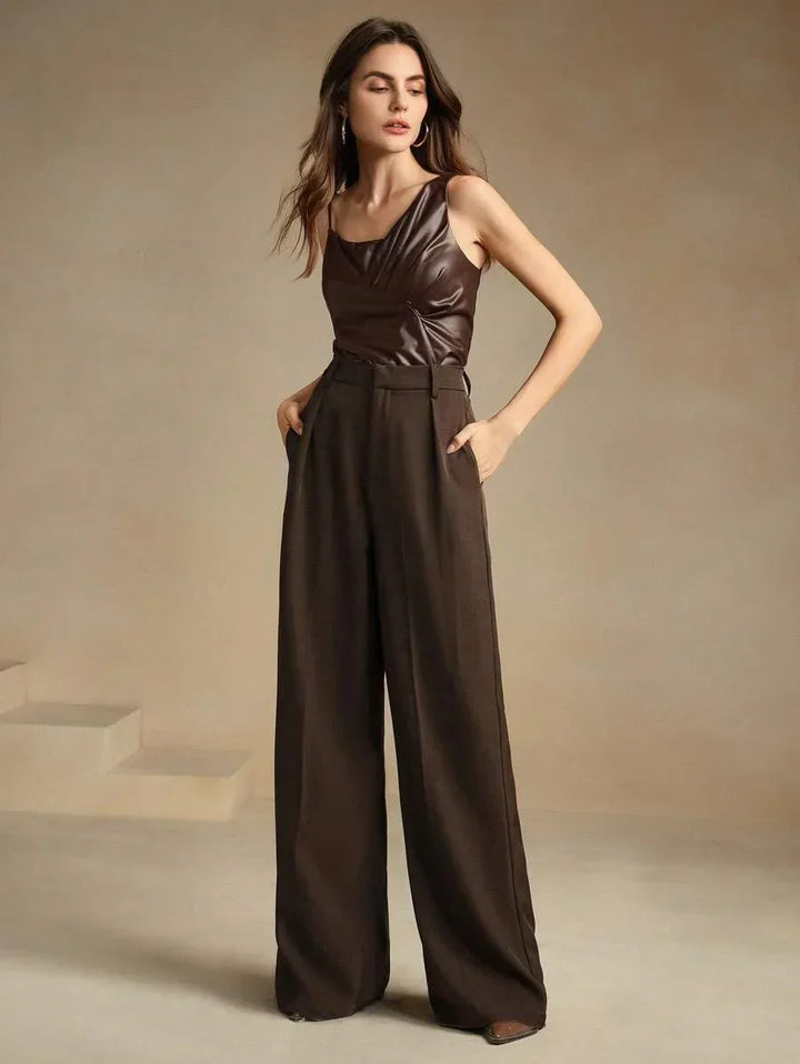 High Waist Wide Leg Trousers With Pleats And Zipper