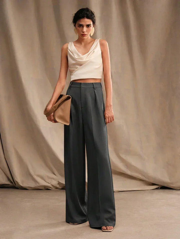 High Waist Wide Leg Trousers With Pleats And Zipper