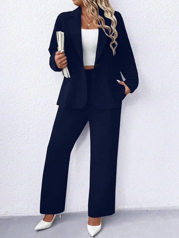 Plus Size Notched Collar Blazer Navy Workwear Casual