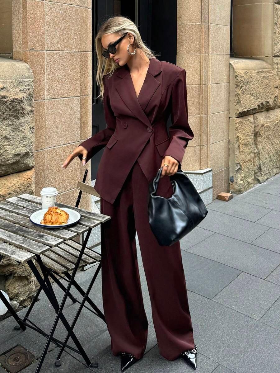 Notched Collar Jacket And Pants Office Suit Coffee Brown