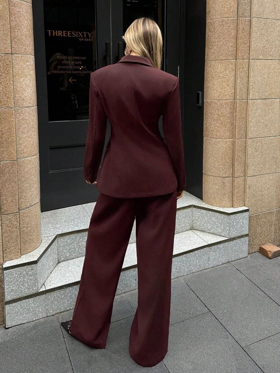Notched Collar Jacket And Pants Office Suit Coffee Brown