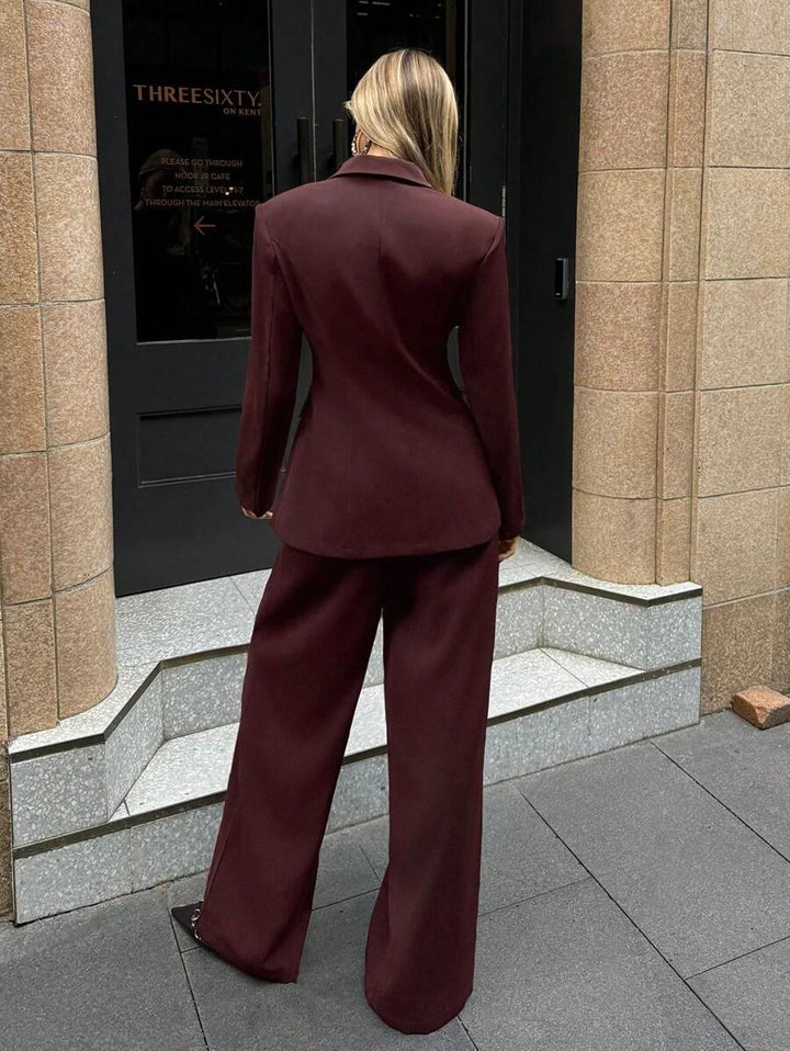 Notched Collar Jacket And Pants Office Suit Coffee Brown