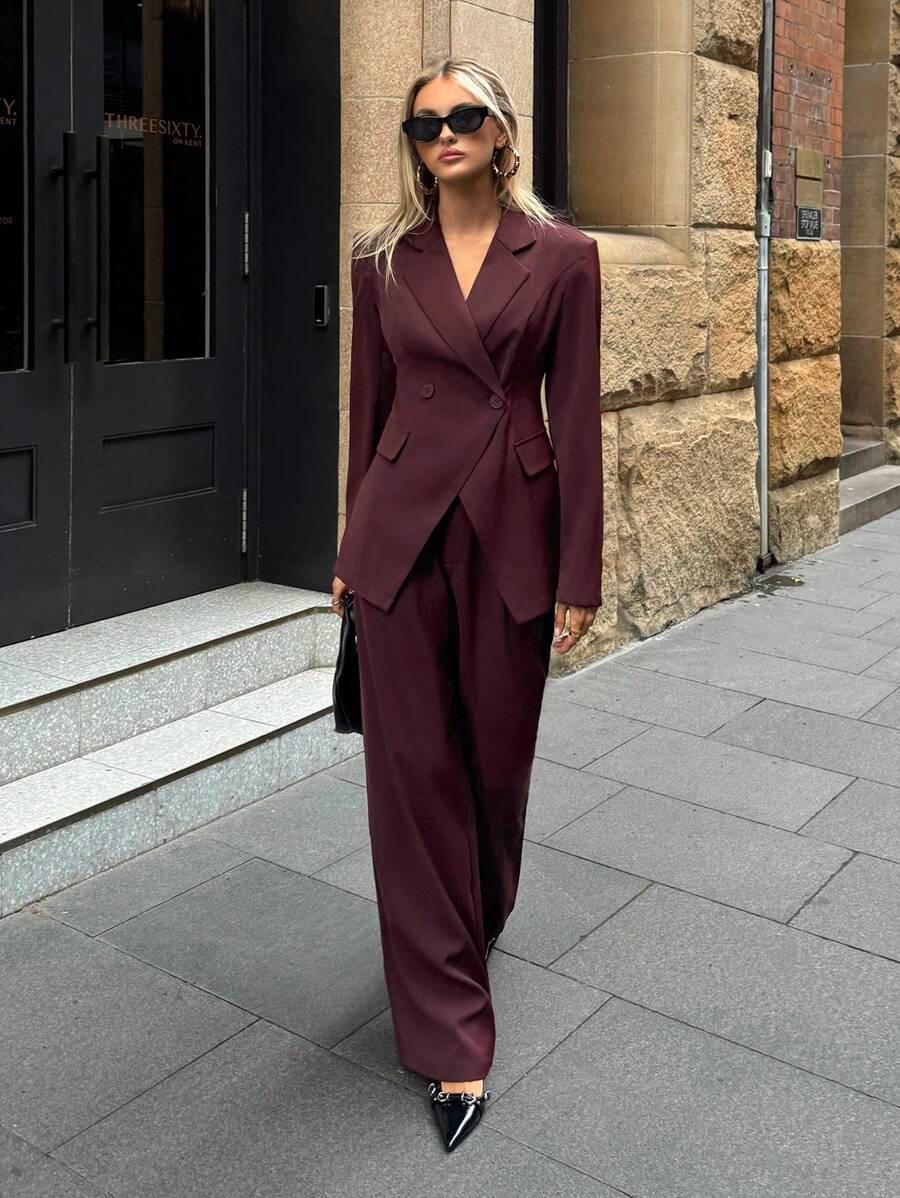 Notched Collar Jacket And Pants Office Suit Coffee Brown