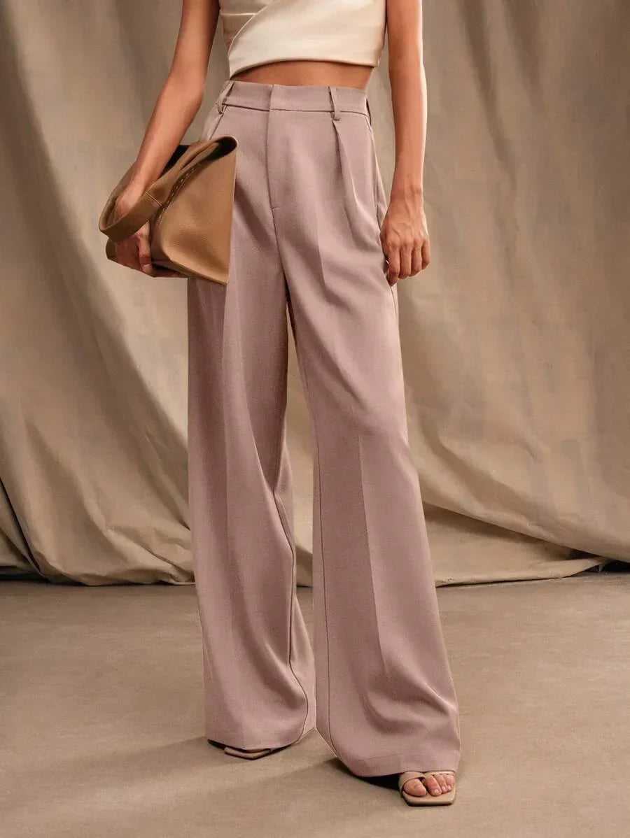 High Waist Wide Leg Trousers With Pleats And Zipper