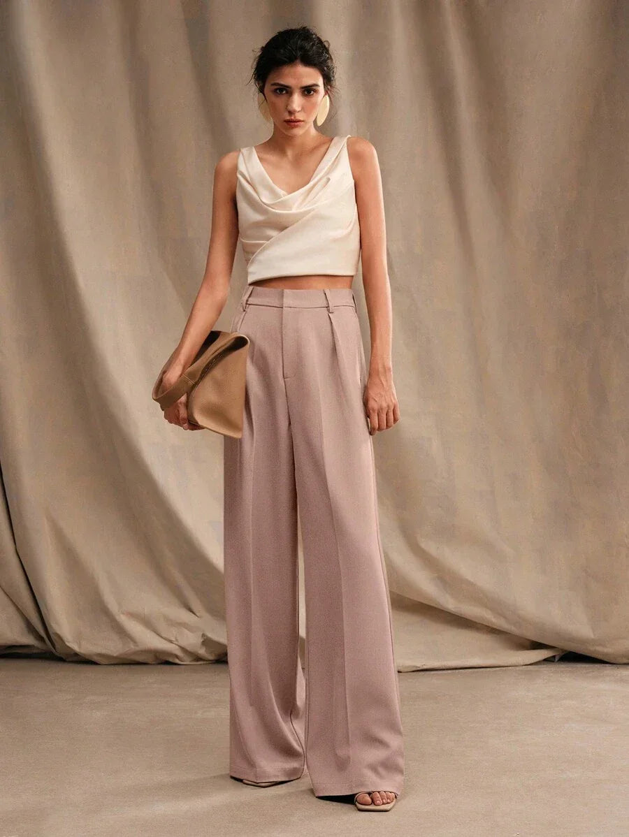 High Waist Wide Leg Trousers With Pleats And Zipper