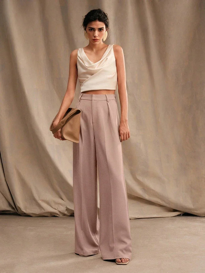 High Waist Wide Leg Trousers With Pleats And Zipper