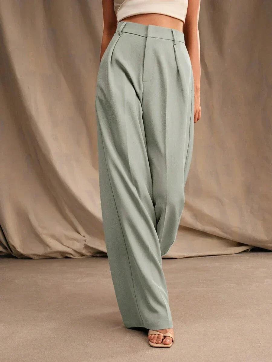 High Waist Wide Leg Trousers With Pleats And Zipper