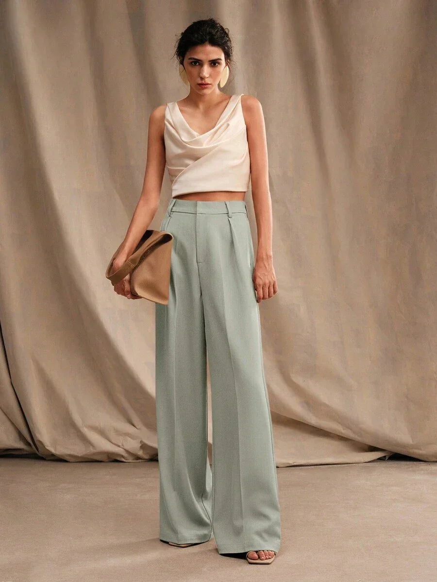 High Waist Wide Leg Trousers With Pleats And Zipper