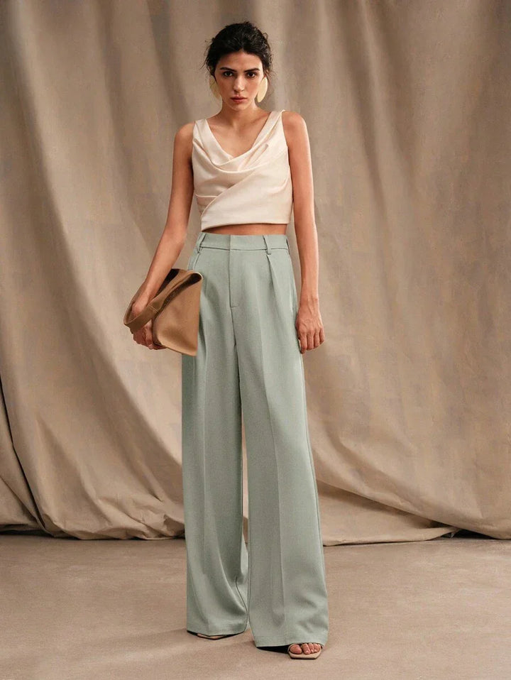 High Waist Wide Leg Trousers With Pleats And Zipper
