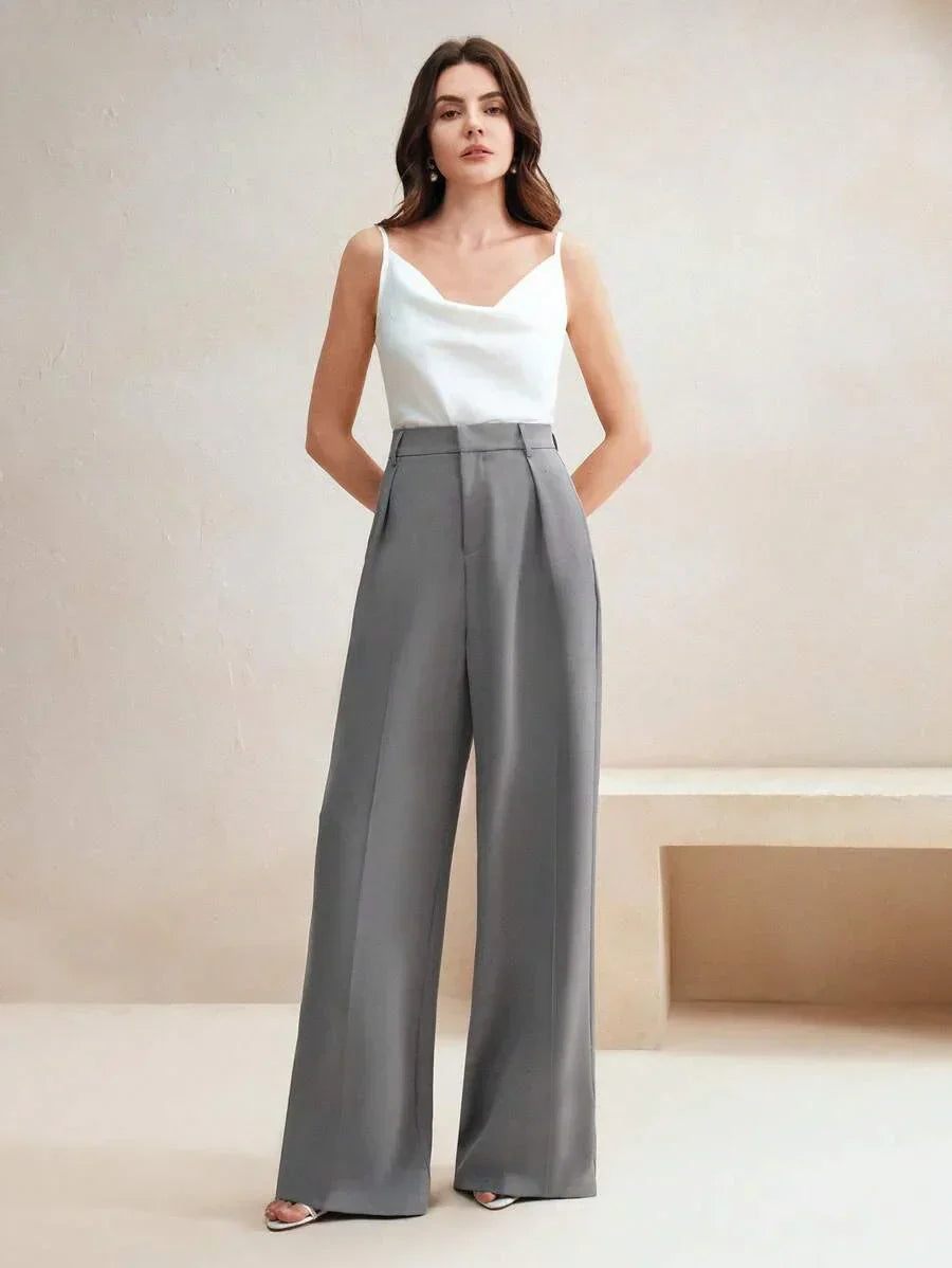 High Waist Wide Leg Trousers With Pleats And Zipper