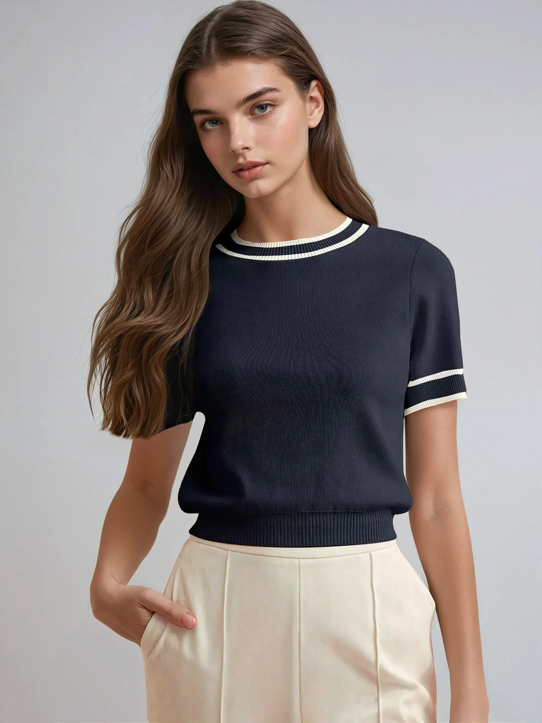 Knit Top With Contrast Trim Short Sleeves Modern Fit