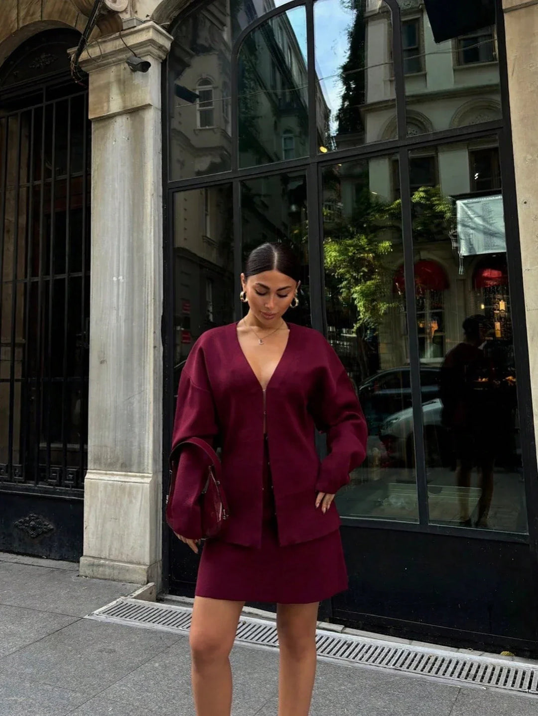 Bordeaux Cinch Button-Up Knit Top
