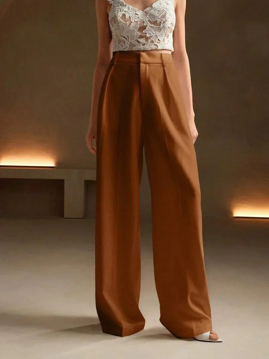 High Waist Wide Leg Trousers With Pleats And Zipper