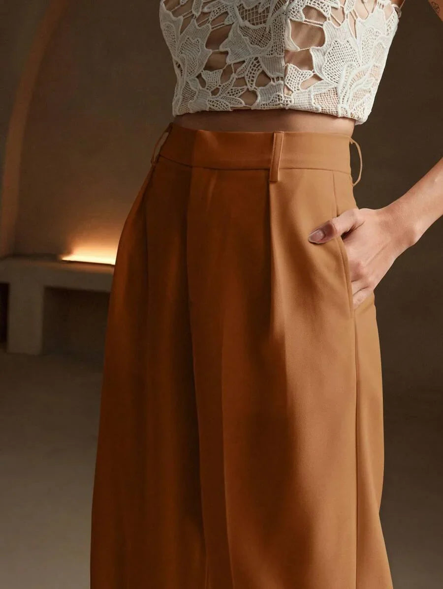 High Waist Wide Leg Trousers With Pleats And Zipper