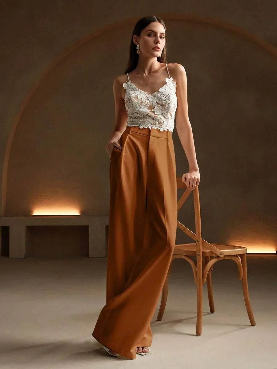 High Waist Wide Leg Trousers With Pleats And Zipper