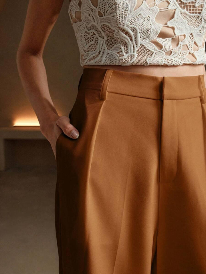 High Waist Wide Leg Trousers With Pleats And Zipper