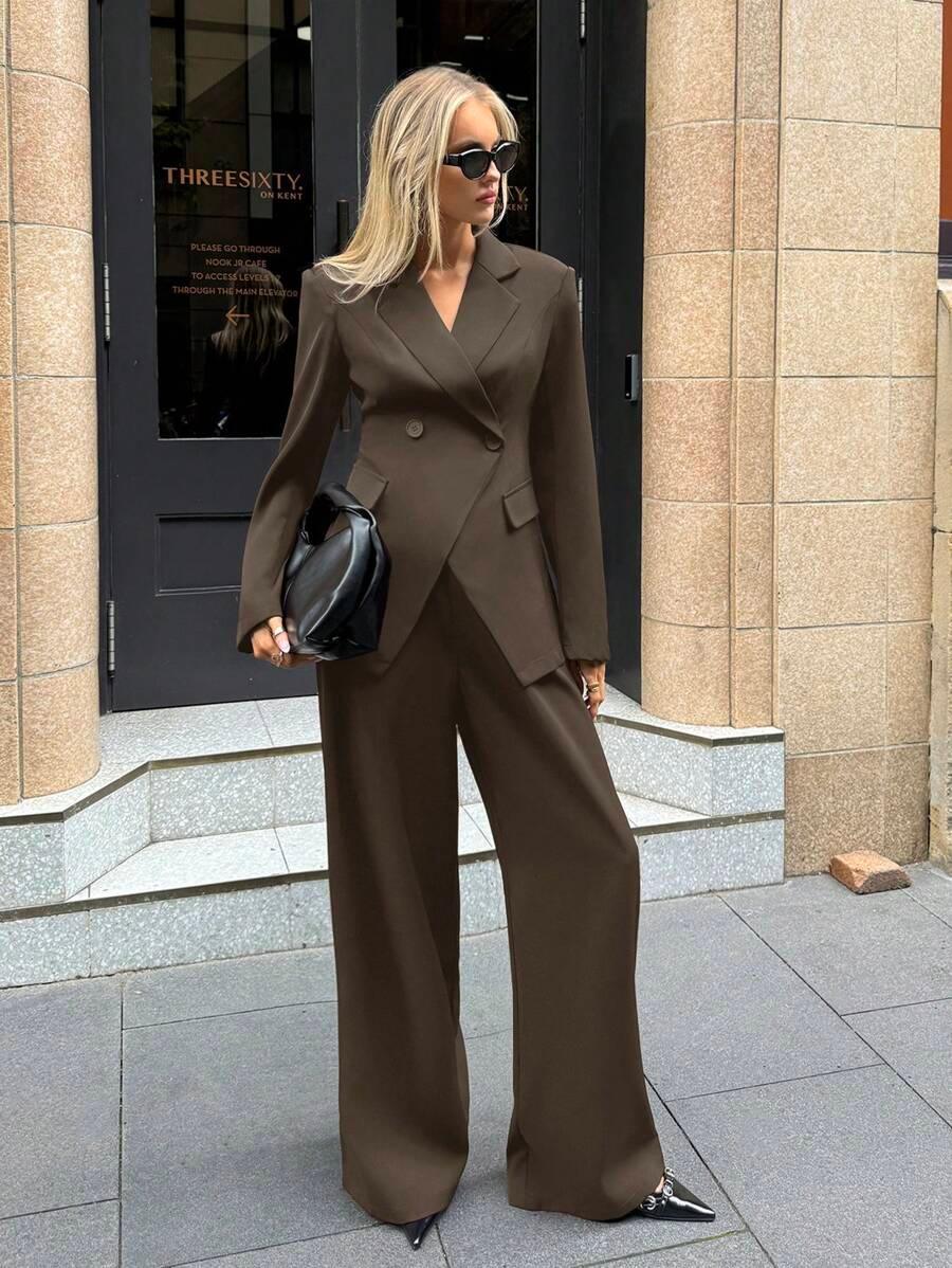 Notched Collar Jacket And Pants Office Suit Coffee Brown