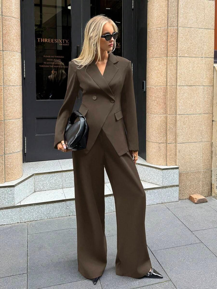 Notched Collar Jacket And Pants Office Suit Coffee Brown