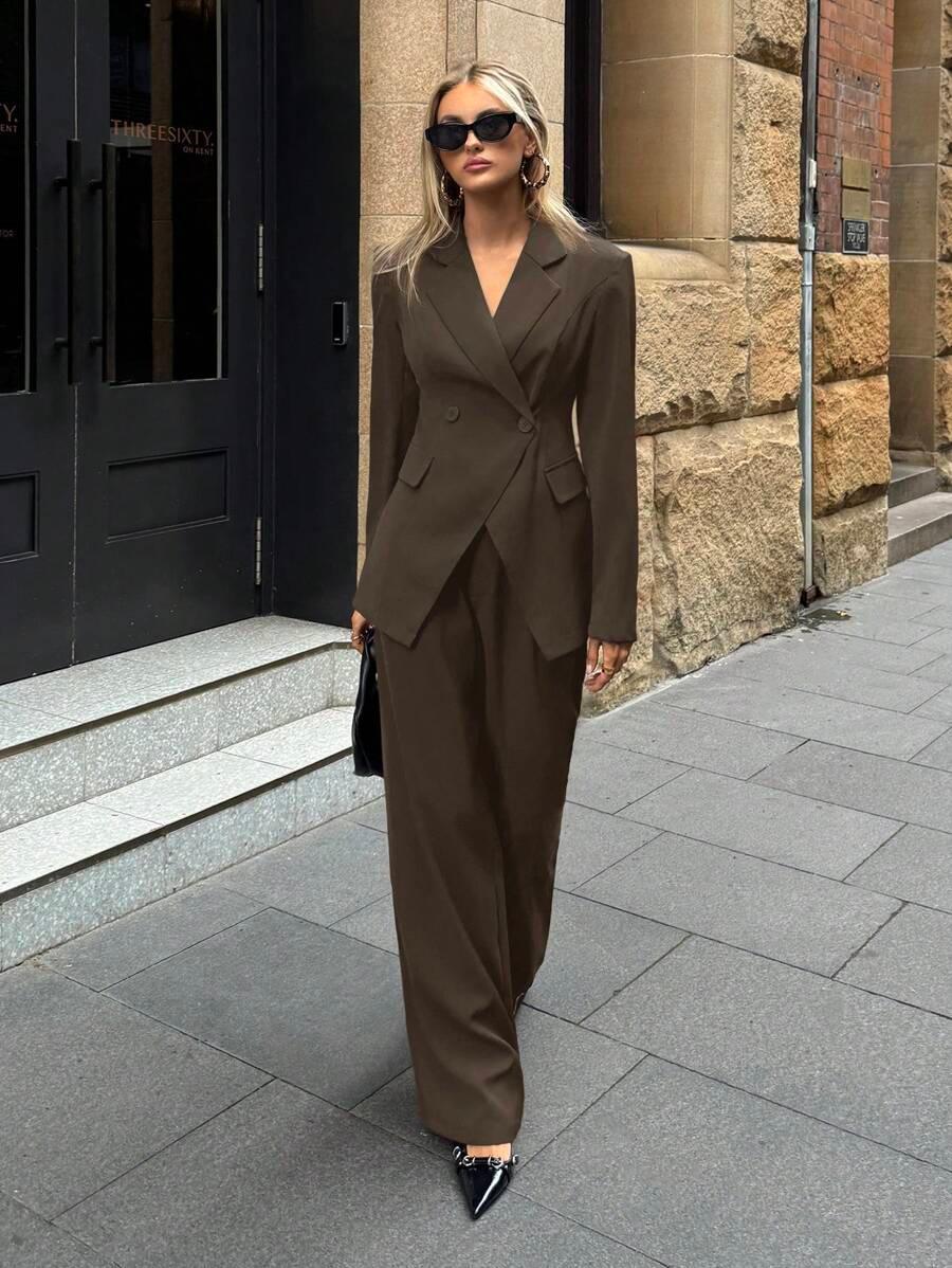 Notched Collar Jacket And Pants Office Suit Coffee Brown