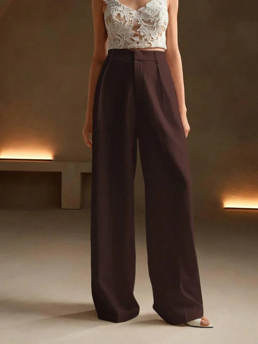 High Waist Wide Leg Trousers With Pleats And Zipper