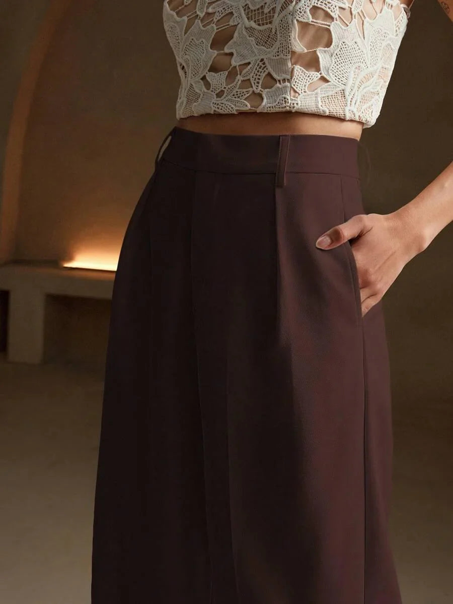 High Waist Wide Leg Trousers With Pleats And Zipper